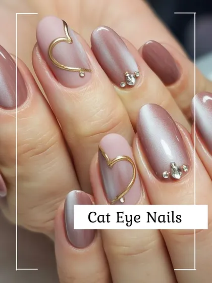 A beautiful example of cat eye nails, featuring a magnetic, shimmering effect on a mauve base. The design is elevated with 3D gold heart accents and carefully placed rhinestones for a touch of glamour.