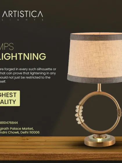 Our lamps are forged in silhouettes that prove lighting should not be restricted to the ceiling. This piece, with its pearl-accented ring base and fabric shade, is designed to make your corners glow with character and elegance.