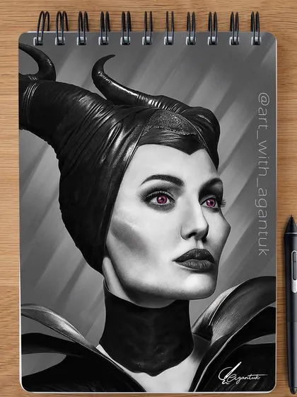 Another view of the Maleficent piece in a digital sketchbook format, showing the full portrait with the Wacom pen I use for all my work.