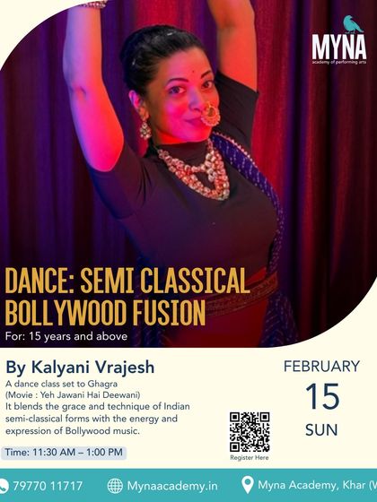 This poster announces our Semi-Classical Bollywood Fusion dance class. It's a beautiful blend of Indian semi-classical grace with the energy and expression of Bollywood music, perfect for anyone 15 years and above.