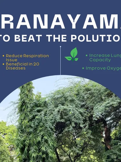 This infographic explains how pranayama can help combat the effects of pollution. It details techniques like Nadi Shodhana, Bhramari, and Kapalabhati that improve lung capacity and increase oxygen flow.