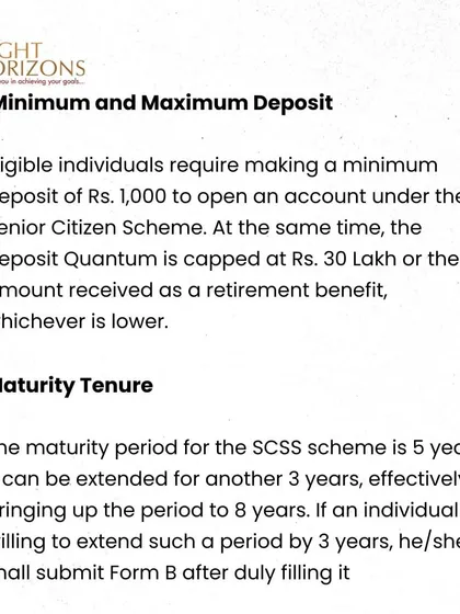 This slide from our bulletin details the deposit and maturity tenure for the SCSS. We specify the minimum deposit, the maximum cap of Rs. 30 Lakh, and the 5-year maturity period which can be extended by 3 years.