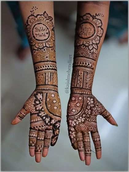Mehndi for the bride's squad. I created these matching yet unique designs for the bridesmaids, with custom text like 'Bride's Maid' and 'Nita's Girl' to celebrate their special bond with the bride.
