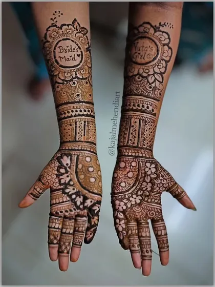 Personalized mehndi for the bride's maid. I included a special circular frame with 'Bride's Maid' written inside, making her feel just as special on the big day.