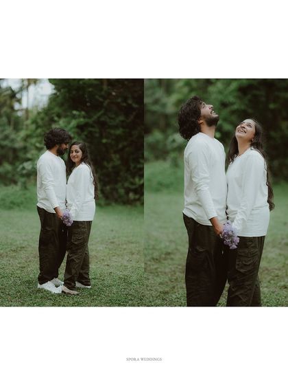 A diptych of the couple looking up at the sky together, a moment of shared dreams and wonder.