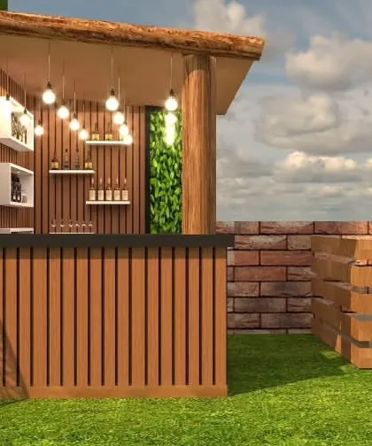 A render of a rustic-chic bar for a project in Shahdara, with a wooden counter and vertical garden accents.