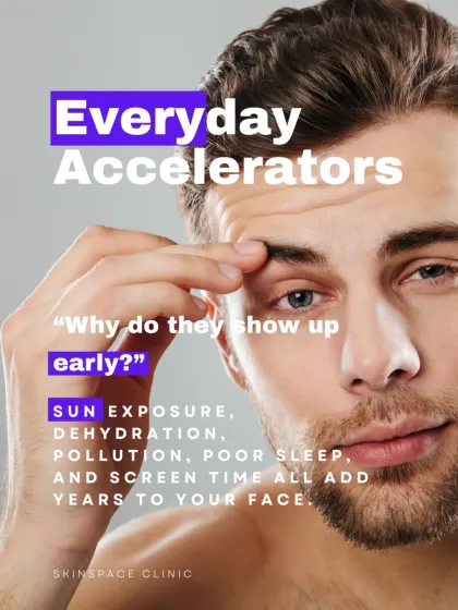 Everyday accelerators can cause wrinkles to show up early. Sun exposure, dehydration, pollution, poor sleep, and even screen time all add years to your face if not managed properly.