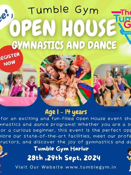 A flyer for our free Open House event for gymnastics and dance at our Harlur location, inviting kids from 1 to 14 to discover the joy of movement.