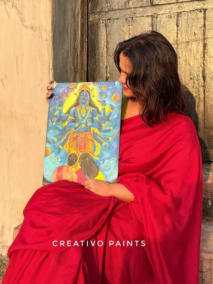 Another shot of me with my completed Vishnu painting, feeling so proud of the heart and effort that went into this piece.