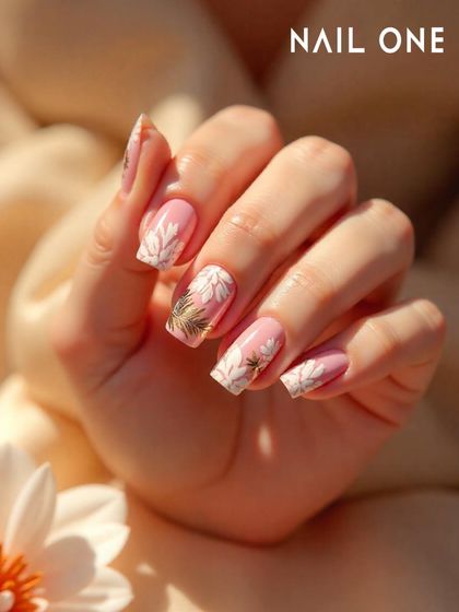 Soft and romantic, this design features delicate white and gold botanicals painted over a sheer pink base. It’s a beautiful example of our subtle yet detailed nail art, perfect for an elegant and feminine style.