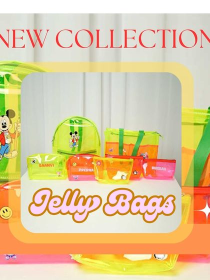 Our new collection of jelly bags on display. This image shows a variety of styles and neon colors, all ready to be customized for your next event or as a special gift.