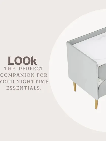 The perfect companion for your nighttime essentials. This graphic highlights the sleek look and functional design of our custom bedside tables.