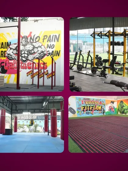 This collage provides a glimpse into our diverse training spaces. It shows our calisthenics area with vibrant graffiti, the fully equipped weight training section, and the matted zone for MMA and boxing.