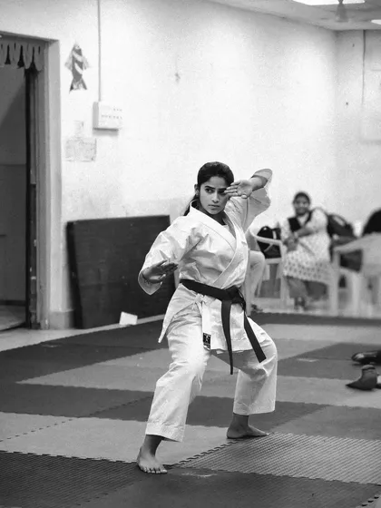 Another powerful stance captured in a timeless black and white photo. We focus on perfecting every detail of our students' technique.