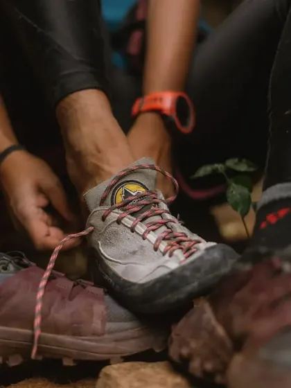 The right approach shoes are just as important as climbing shoes. This photo shows the gear that gets us to and from the crag safely.
