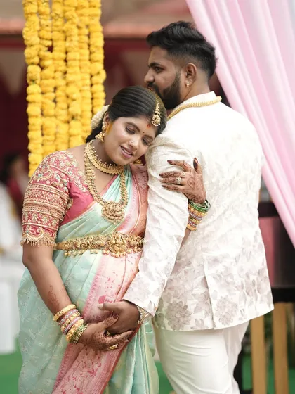 Celebrating a new beginning with a beautiful maternity shoot. This client is glowing in a pastel Kanjeevaram saree, showing that you can find the perfect rental outfit for every precious moment.