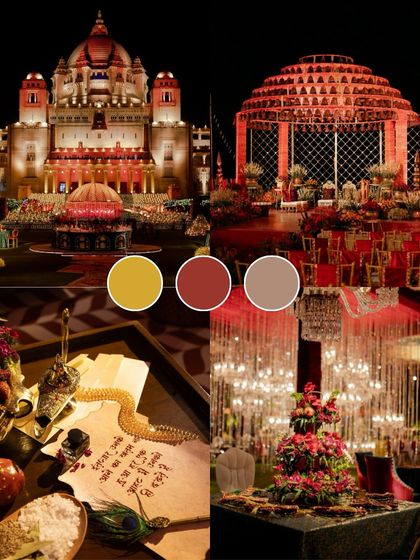 A regal color palette inspired by royal Indian architecture. The combination of gold, deep red, and earthy brown is perfect for creating a majestic and timeless wedding ambiance.