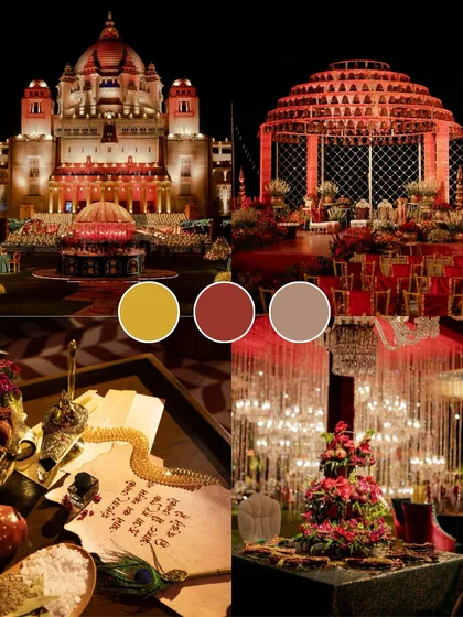 A royal Rajasthani wedding theme comes alive with a palette of gold, maroon, and muted earth tones. This mood board shows how I combine palace architecture, grand mandaps, and intricate details for a regal affair.