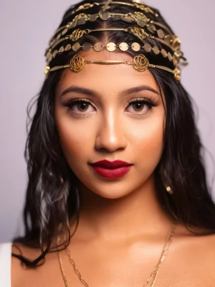 Radiant in white and gold. This close-up shows how the makeup complements her dusky skin, with a bold red lip and defined eyes creating a powerful and elegant look.