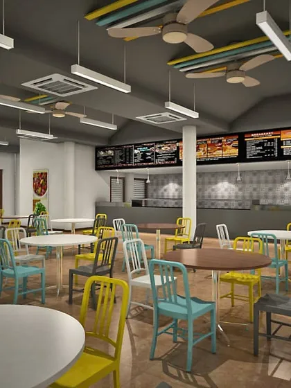 Another view of the corporate cafeteria concept, this time showing the food service counter. The layout is designed for efficient flow, with clear zoning for seating and service, ensuring a smooth and enjoyable lunch experience for staff.
