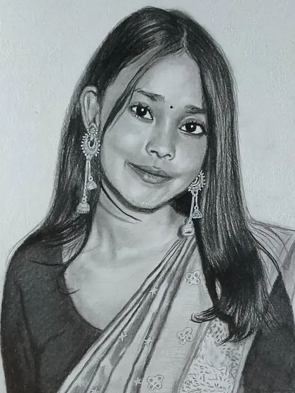This sketch of a woman in a saree with long earrings is a great example of a classic portrait.