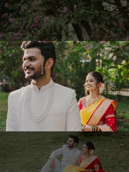 A three-panel collage showcasing different moments from the couple's outdoor shoot in traditional Maharashtrian outfits.