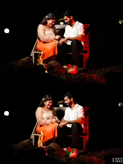 A cozy and intimate pre-wedding moment by the bonfire at night. The warm lighting creates a romantic and magical atmosphere.