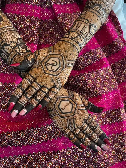Personalizing your mehendi can be as simple and elegant as including your partner's name or initials. Here, the name "Ritesh" is beautifully integrated into a geometric pattern on the back of the hand.