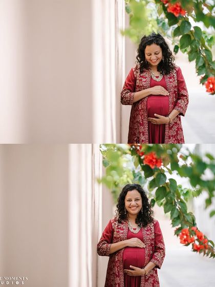 A diptych of the expectant mother. These portraits showcase her beautiful smile and the elegance of her traditional maternity outfit against a simple wall with flowering vines.