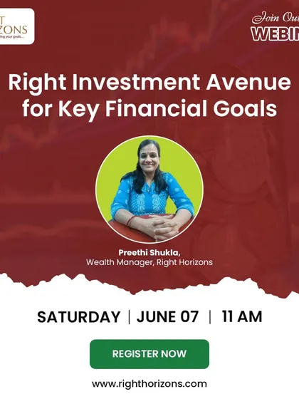 This graphic announces a free webinar on identifying the right investment avenues for key financial goals. Our Wealth Manager, Preethi Shukla, explains how to align investments in mutual funds, equities, and other assets with specific life objectives like retirement or a child's education.