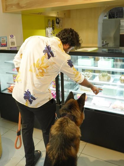 A dog and his dad picking out a treat from our display case. It's a perfect way to celebrate Father's Day or any day.