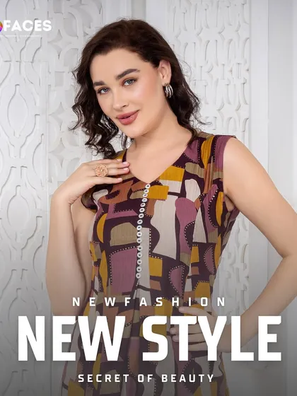 A model showcases a multi-colored geometric print top. The direct, confident pose and clean background make this an excellent shot for an e-commerce product listing.