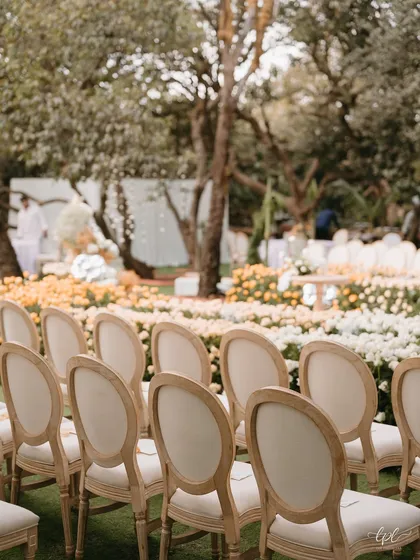 The elegant guest seating, with classic Louis chairs arranged along a floral-lined aisle.