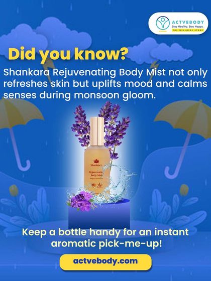 Did you know Shankara Body Mist not only refreshes skin but also uplifts your mood during monsoon gloom? This image, with its lavender and rain graphics, suggests keeping a bottle handy for an instant aromatic pick-me-up.
