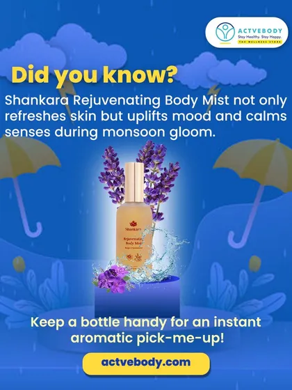 Did you know Shankara Body Mist not only refreshes skin but also uplifts your mood during monsoon gloom? This image, with its lavender and rain graphics, suggests keeping a bottle handy for an instant aromatic pick-me-up.