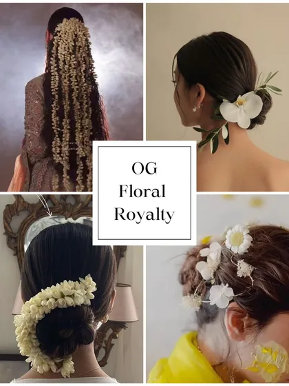 Bridal Hair Trend: OG Floral Royalty. You can never go wrong with the classic beauty of jasmine (gajra) or white orchids. They add a timeless and fragrant touch to any bridal hairstyle.