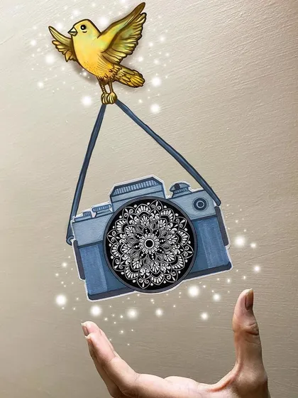 A playful composite image where a bird carries a camera illustration. The camera lens is replaced with one of my intricate black and white mandalas, showing a fun way to customize art.