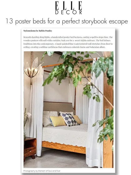 The Elle Decor feature of the four-poster bed, highlighting its ability to create a sublime, contemporary escape with colonial charm and bohemian allure.
