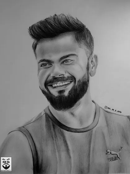 A detailed graphite portrait of cricketer Virat Kohli, capturing his famous smile. I enjoy drawing inspirational figures who are at the top of their game.