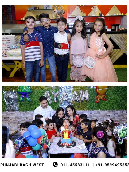 A collage from Ayaan's 7th birthday, showing off the awesome Avengers theme with kids posing and the family celebrating together.