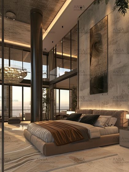 A bedroom with a breathtaking view. The design features a double-height ceiling, massive glass walls, and a mix of concrete and mirrored surfaces. It's an industrial-luxe sanctuary that feels incredibly spacious and open.