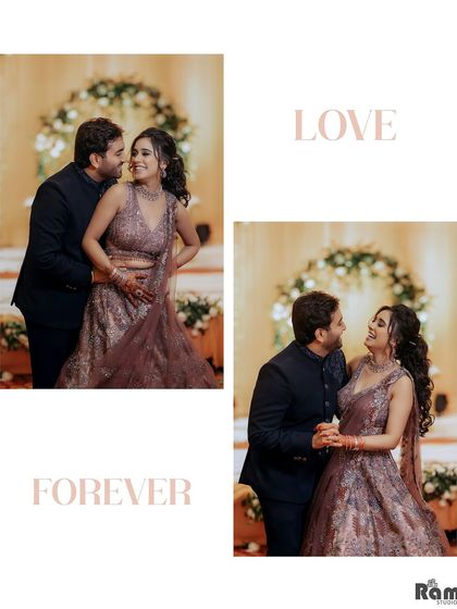 A simple and beautiful collage with the words "Love Forever". It captures two happy, candid moments from an engagement ceremony, focusing on the couple's connection.