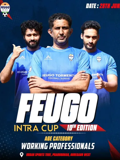 An announcement poster for the Intra Cup, featuring players from our working professionals batch at the Urban Sports Turf in Goregaon.