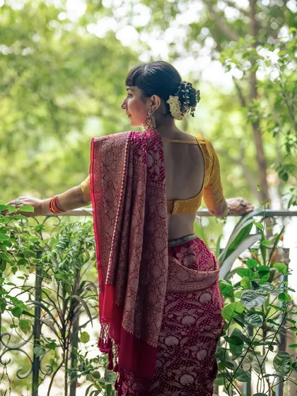 A view of the full look, showing how the saree drapes. My personal style is deeply influenced by my love for our textile heritage, and I enjoy sharing that passion.