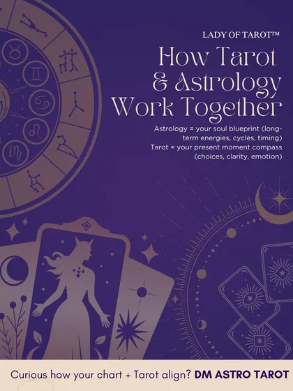 Many people ask how Tarot and Astrology work together. I see Astrology as your soul's blueprint, showing your long-term cycles and timing. Tarot is your compass for the present moment, offering clarity on choices and emotions. I often blend both for a richer, more detailed reading.