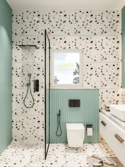 A 3D render of a modern kids' bathroom featuring Terrazzo tiles and pastel green fluted tiles. The design is playful yet sophisticated, creating a stylish and fun space for the little ones.