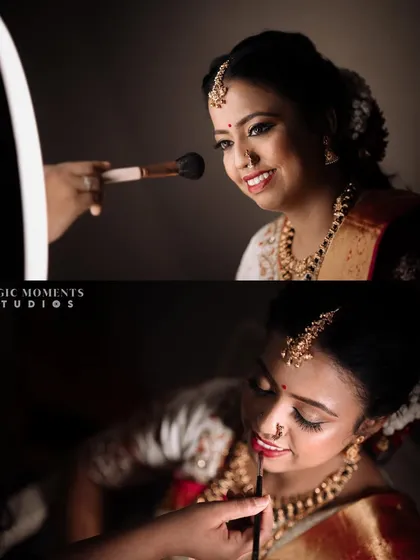 A collage of the bride getting her makeup done. I use creative angles and lighting, like shooting through a ring light, to make these shots unique.