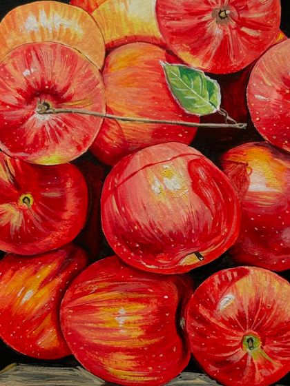 A close-up of the apple painting, showing the detail in each fruit. Can you believe this is a painting?