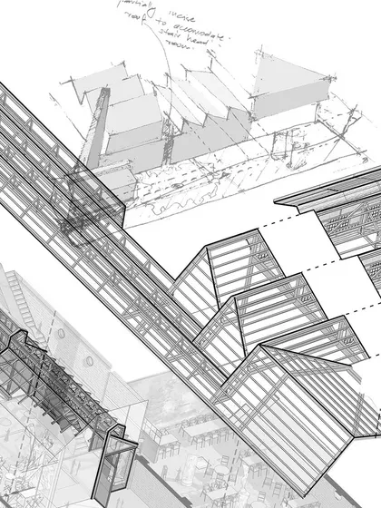 A collage of axonometric and sectional drawings for IF.BE. This image provides a glimpse into the complex journey of transforming the derelict factory, a process that was exhibited as a large scroll during the inaugural week.
