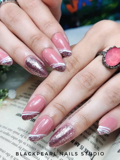 Another angle of the nude and glitter set, showing the clean lines of the spider gel and the beautiful sparkle of the accent nail.